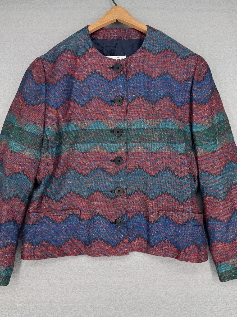 Vintage Missoni Multicolor Zigzag Linen Blazer Western Boho Made In Italy